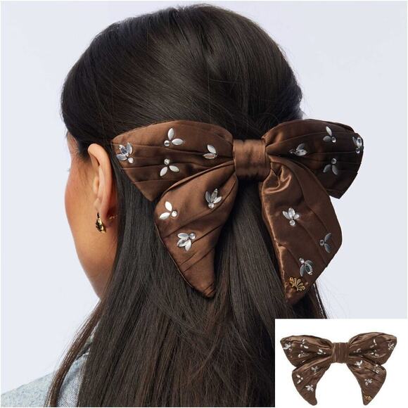 RARE Lele Sadoughi Brown Silk Crystals Chunky Bow Barrette Gold Logo - Picture 1 of 8